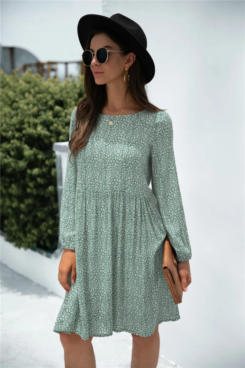 

New Autumn Loose Printing Dress Women Casual O-neck Long Sleeve Pocket Ankle-length Dresses