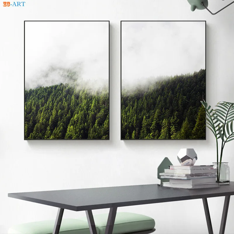 Картина горы и дальность туман художественные принты пейзаж лес холст живопись