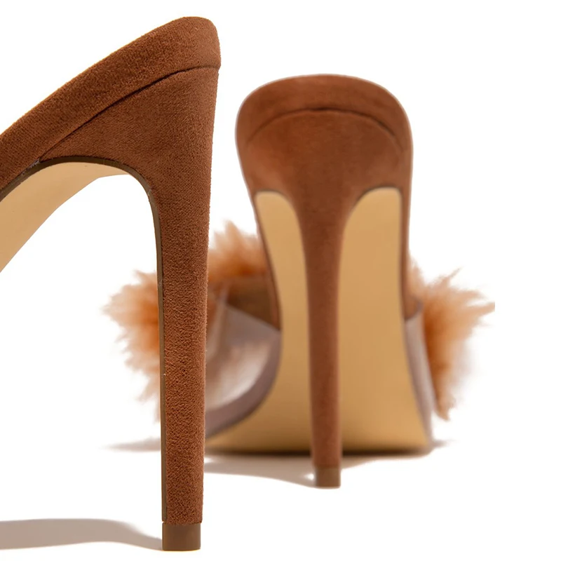 

Faux Fur Women's Sandals Summer Thin High Heels Ladies Slippers Pointed Toe Fashion Outside Female Pumps Sexy Woman Slides Shoes