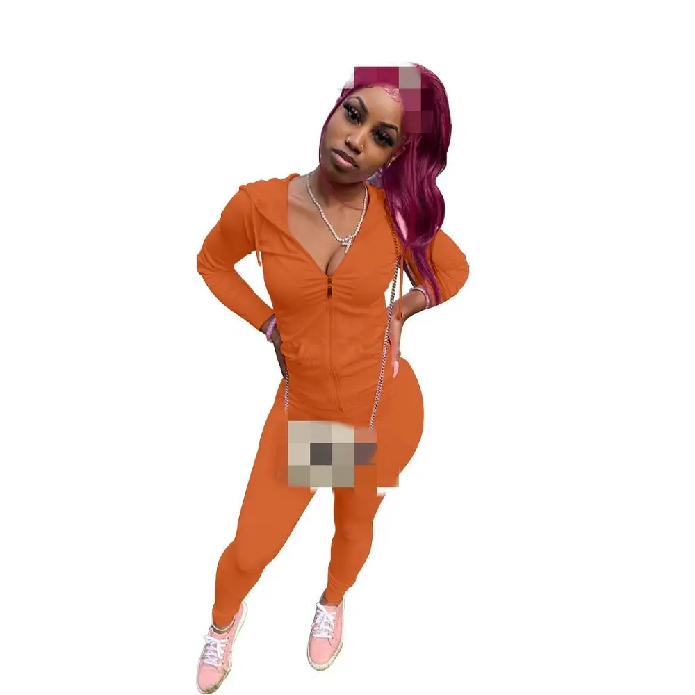 

Newest Autumn Women Solid Sets Hooded Collar Long Sleeve Zipper Skinny Coats High Waist Pencil Pants Tracksuits For Sports Party