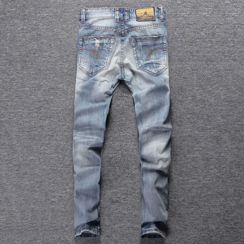 European Street Fashion Men Jeans Retro Light Blue Slim Fit Ripped Jeans Men Korean Embroidery Designer Vintage Denim Pants