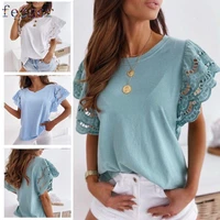 feogor loose t shirt 2021 summer new womens lotus leaf sleeve hollow lace stitching round neck short sleeve t shirt top