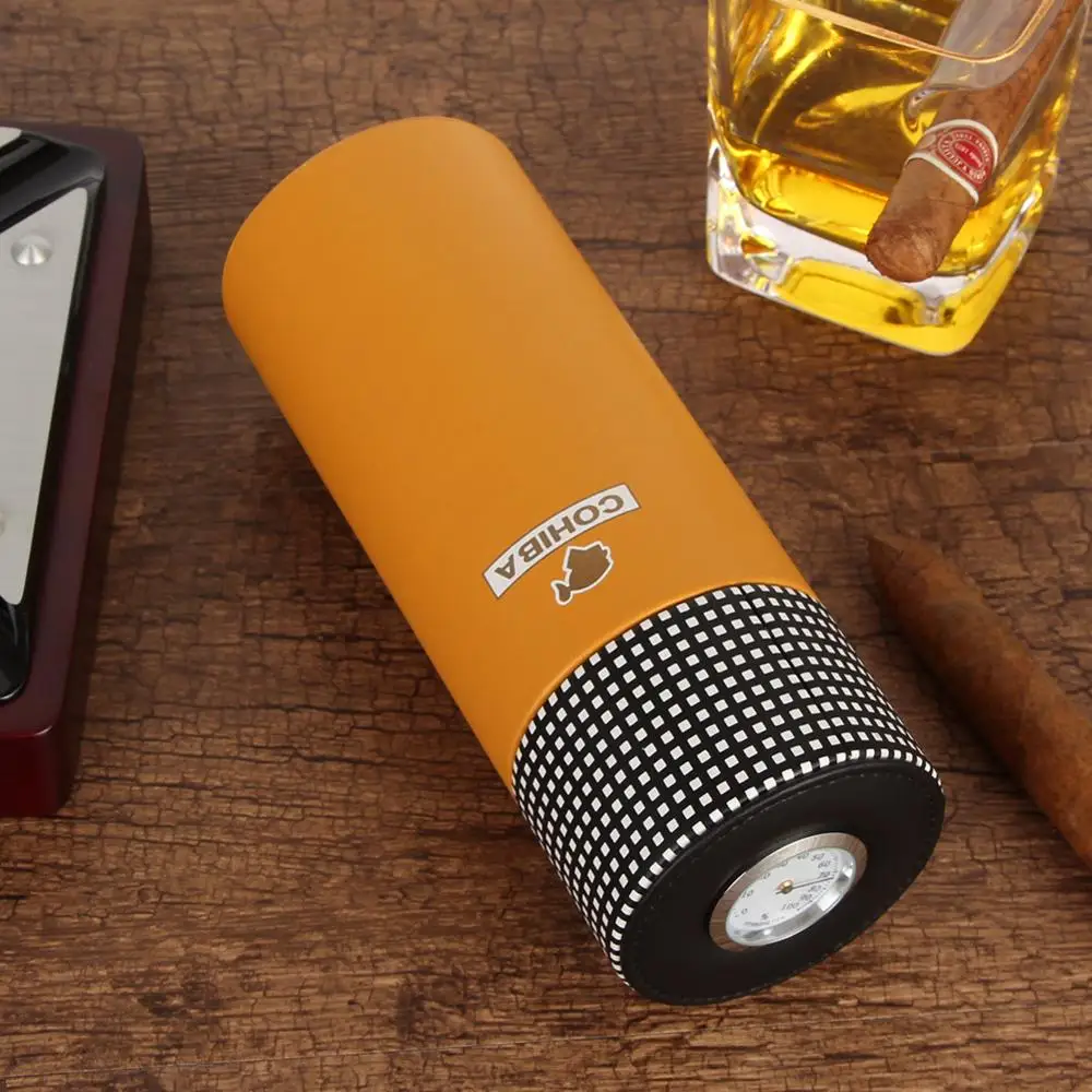 COHIBA кожаный дорожный хьюмидор, коробка для сигар из кедрового дерева, портативный чехол для сигар с гигрометром и увлажнителем, коробка для гимидора, подходит для 5 кубинских сигар