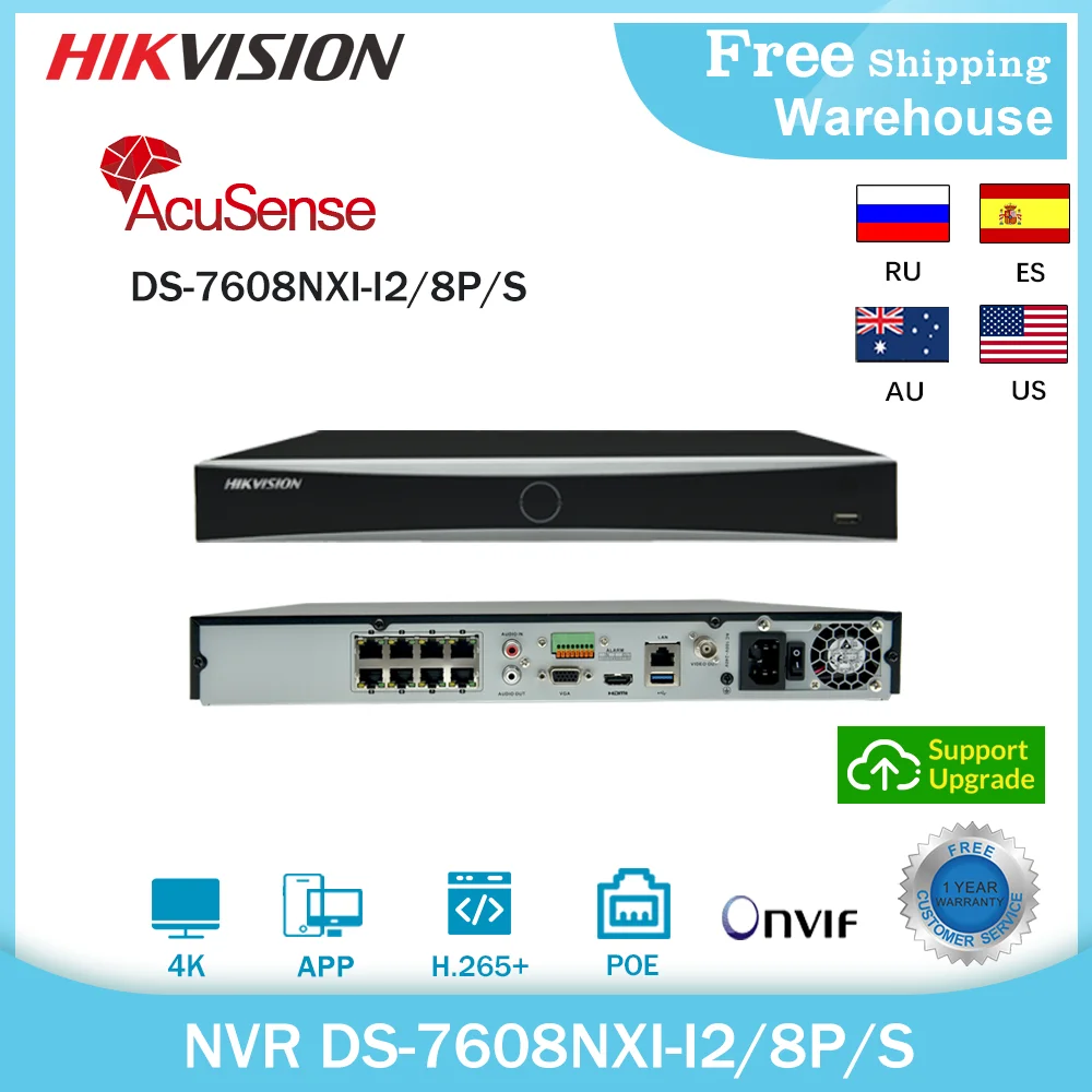 

Видеорегистратор Hikvision, 4K AcuSense NVR DS-7608NXI-I2/8P/с, 12 МП, 8 каналов, POE, H.265 +, 2SATA, для IP-камер, системы безопасности
