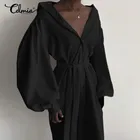 2022 Celmia женское платье-рубашка с воротником-стойкой, модное платье миди с рукавами-фонариками и поясом, повседневное свободное платье на пуговицах с поясом