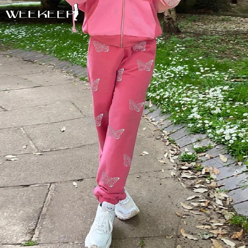 

Weekeep Fashion y2k Butterfly Diamond Autumn Sweatpants Women Elastic Waist Baggy Long Pants Casual Joggers Streetwear Trousers