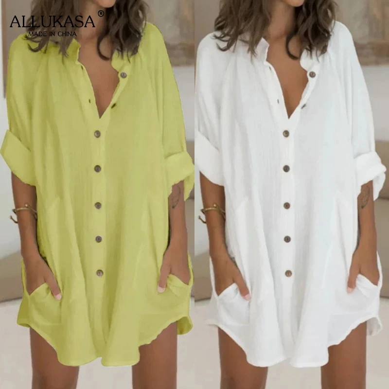 

Pure color cotton and linen shirt top ladies summer casual loose single-breasted short-sleeved top irregular long top 2021