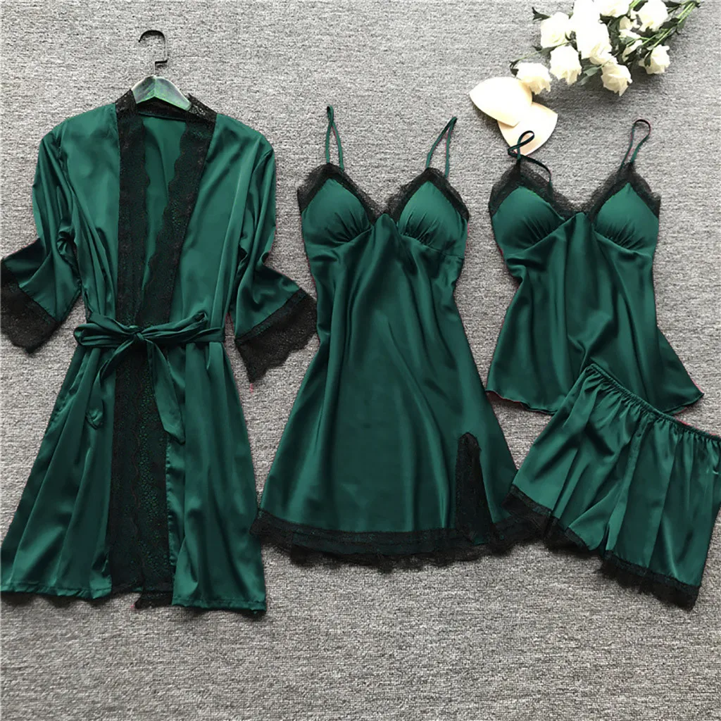 

4pc Silk Robe Sleep Suit Womens Lace Satin Pajamas Gown Set V-neck Cami Nighties Wear Pijama Female Spring Home Nightwear
