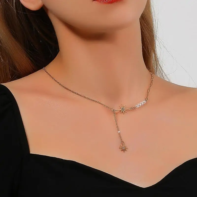 

Grunge Pearl Six Pointed Star Necklace for Women Reiki Designer Necklace Vintage Clavicle Chain Accessories Party Gift 2021