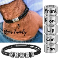 personalized custom engrave family names stainless steel bead charms bracelets genuine leather magnet clasp bangle gift sl 165