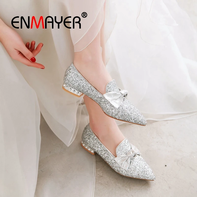 

ENMAYER 2019 Mary Janes Low Heel Women Pumps Square Heel Sequined Cloth Round Toe Heels Women Casual Size 34-43 LY1746