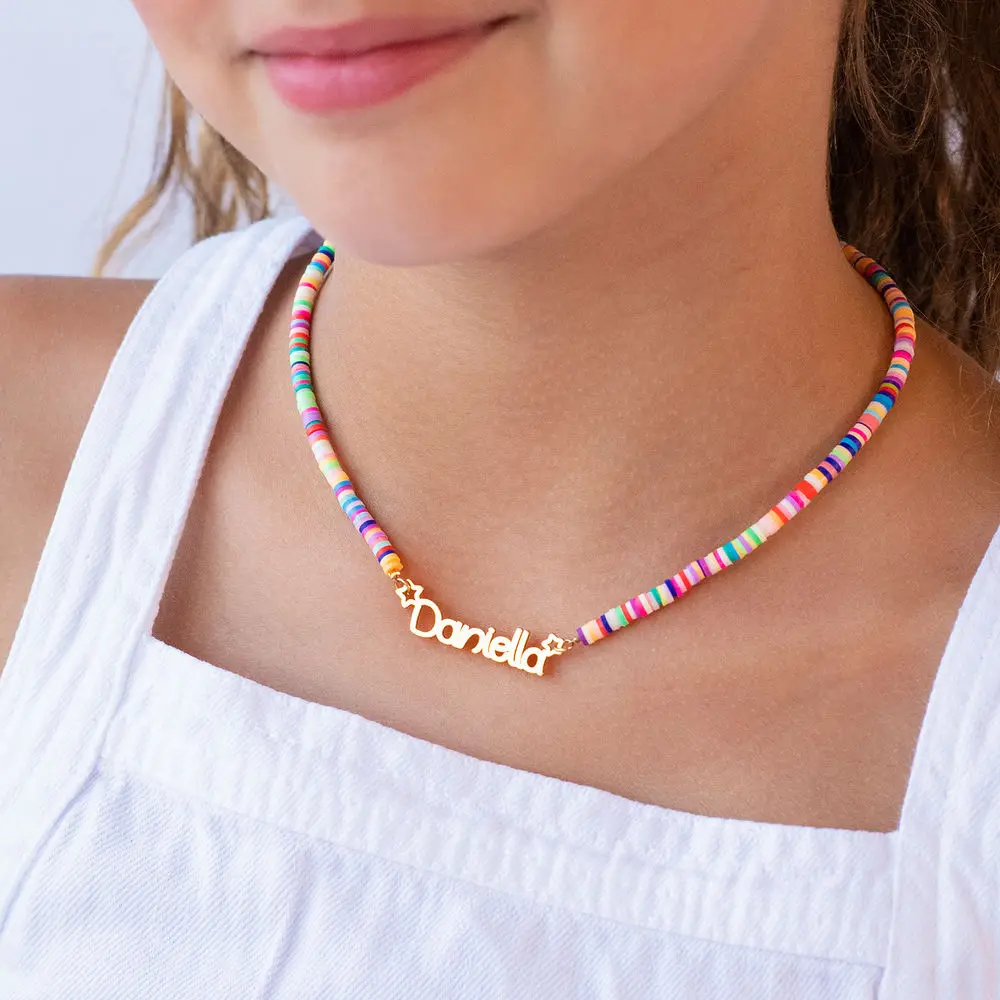 Handmade 925 Silver Personalize Soft Potte Name Necklace Rainbow Children Necklace Colorful Necklaces for Girl Christmas Gift