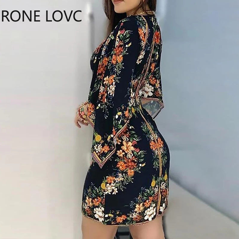 Женское платье-мини с длинным рукавом цветочным принтом и глубоким V-образным