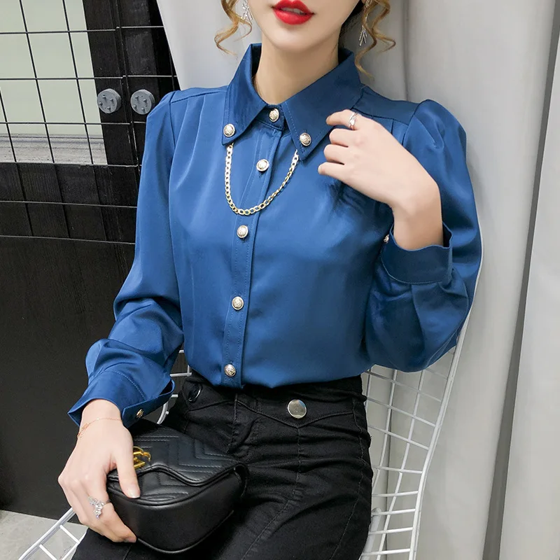2021 New Chiffon Shirts for Women Solid Polo Collar Chain Office Lady Blouses Spring Female Clothes Black White Clothing Tops