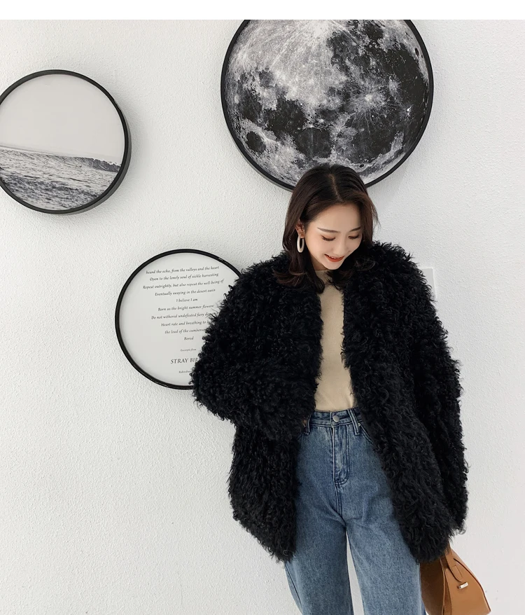 Женское вязаное пальто с длинным рукавом из натурального овечьего меха|Шубы и