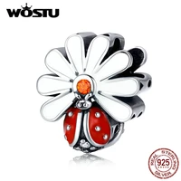 wostu real 925 sterling silver ladybug flower charm fit original bracelet pendant red enamel women jewelry making cqc1276