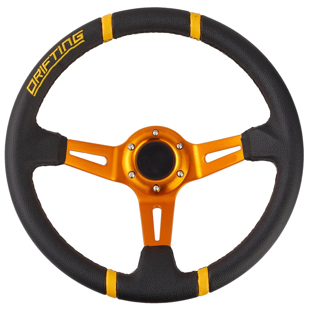 

35cm Round Deep Dish Racing Drifting Sports Steering Wheel Aluminum 3 Spoke Black Leather Effect