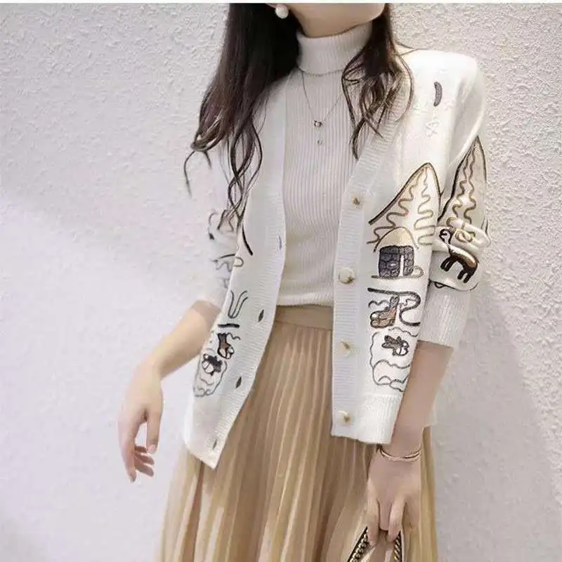 

2021 new spring and autumn sweater coat women's versatile fashion Korean loose print autumn winter knitted cardigan