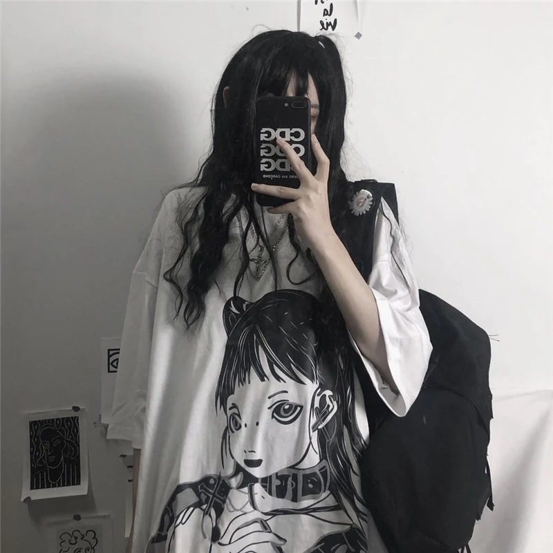 

Summer Tops Women T-Shirt Ulzzang Harajuku Cartoon Girl Print T-Shirt Summer New Style Oversized Loose Casual Women Clothing