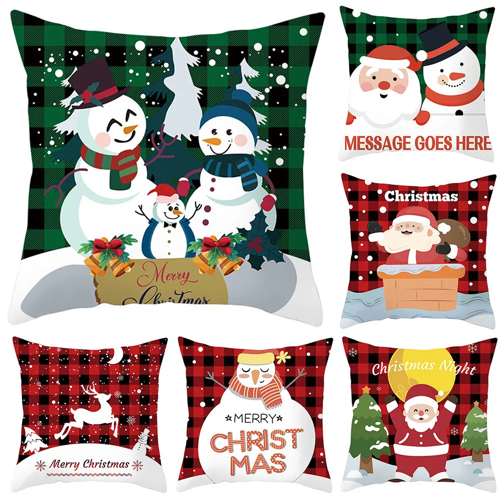 

Merry Christmas Red Series Cushion Cover Throw Pillow Case Festive Elk Snowflake Red Green Plaid Christmas Pillowcase Navidad