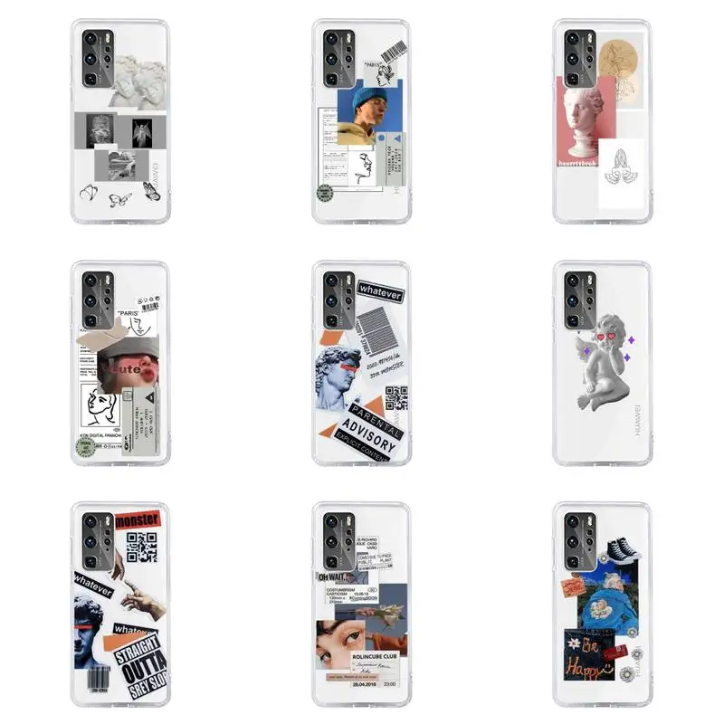 

david angel collage label design Phone Case Transparent For Huawei honor V 9 8 10 20 7 i S A C X pro lite play Soft TPU Clear