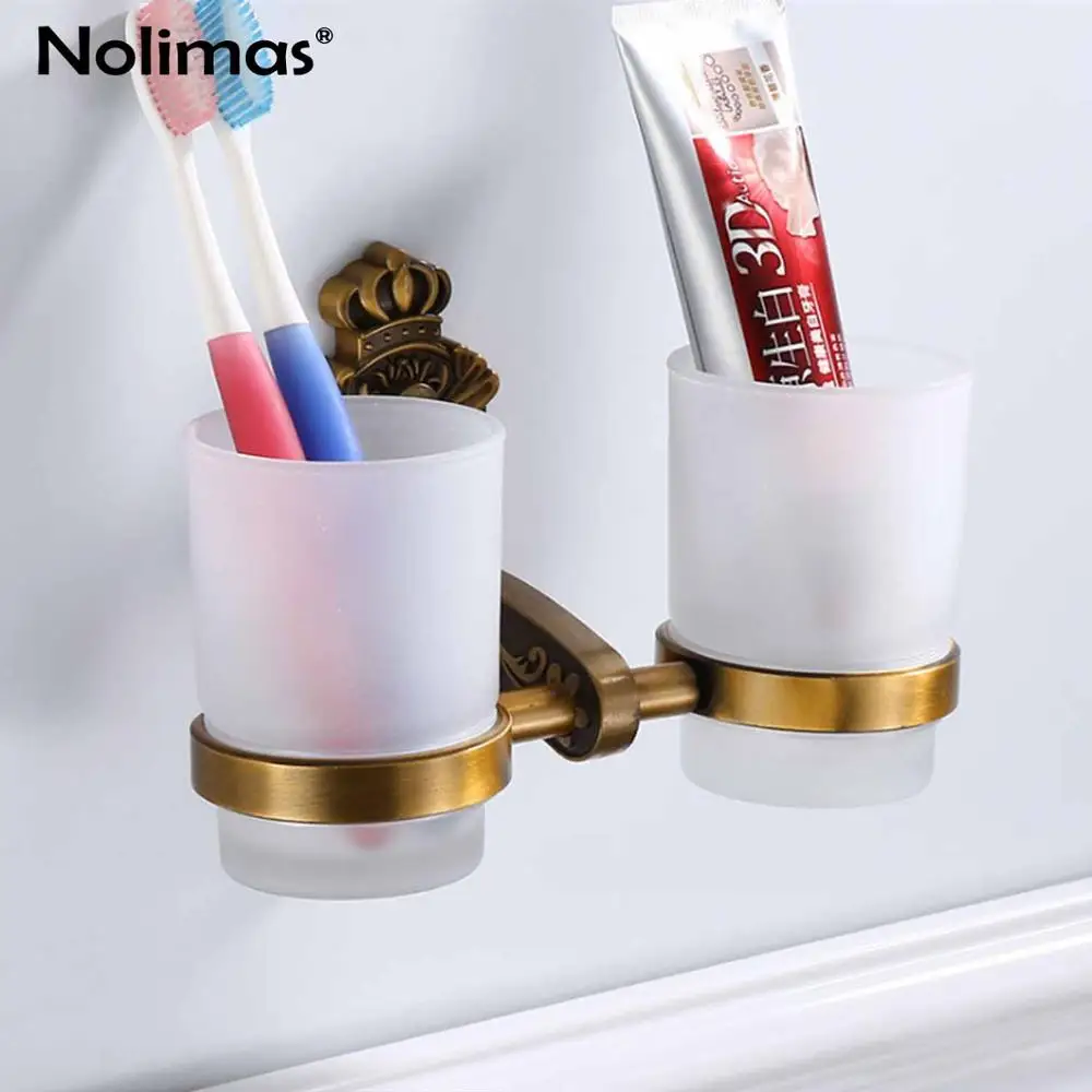 Dual Toothbrush Cup Античный матовый резной набор для ванной комнаты, алюминиевый держатель для полотенец, мыльница, держатель для бумаги, держатель для туалетной щетки, набор аксессуаров - Цвет: Dual Toothbrush Cup