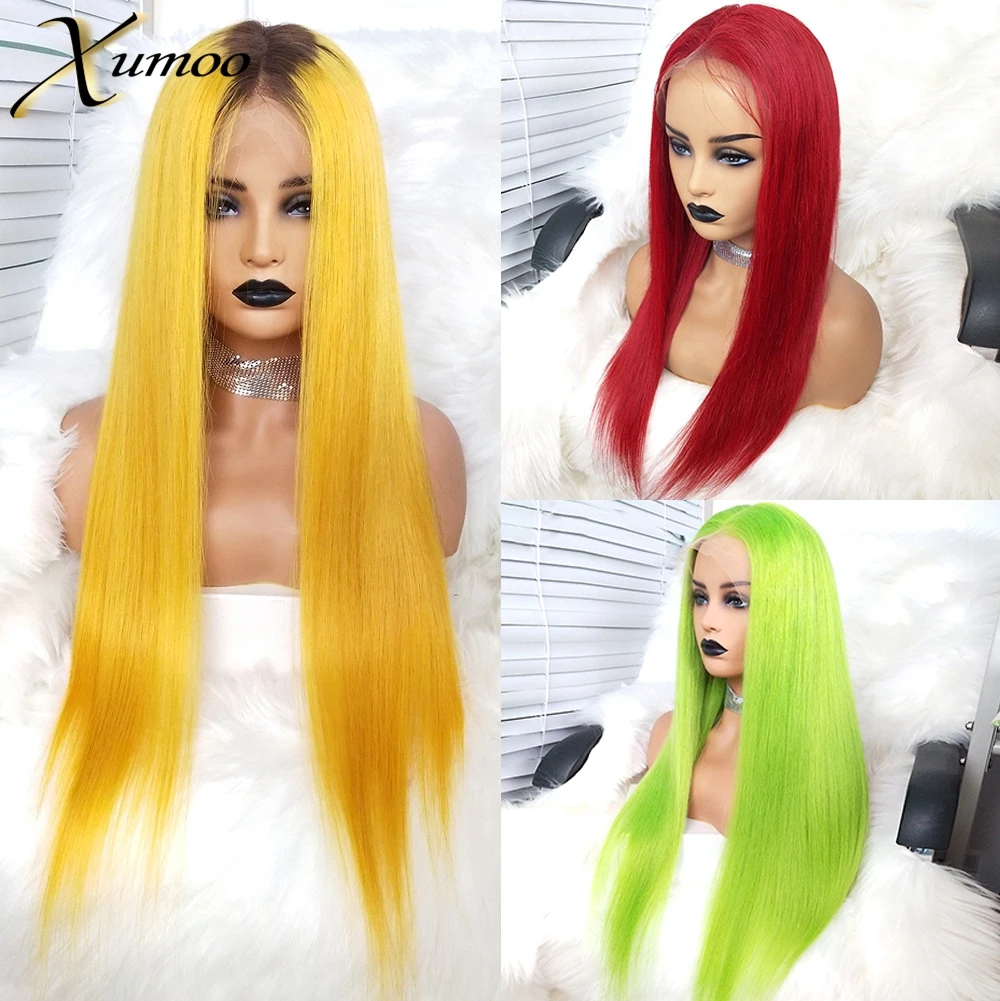 

XUMOO длинный прямой кружевной передний парик красный Омбре желтый синий зеленый человеческий волос парик бразильский Реми кружевной передн...