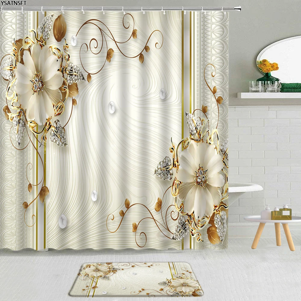 

2Pcs 3D Diamond Pearl Yellow Flower Shower Curtain White Swan Butterfly Bathroom Non-Slip Carpet Bath Mat Curtains Set Washable