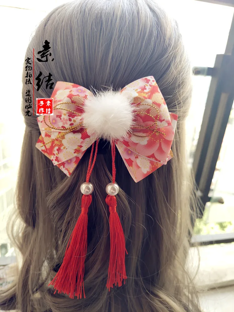 

Ежедневный головной убор Hanfu в китайском стиле, зажим для волос с кисточкой и бантом, ретро, маленькие свежие Плюшевые аксессуары для волос р...