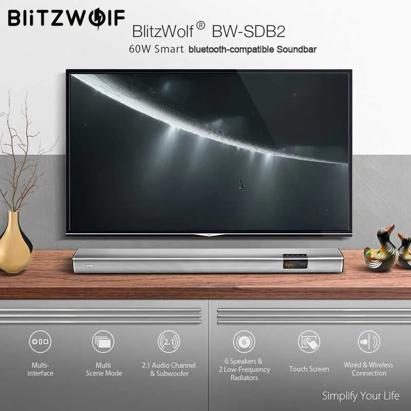 Саундбар BlitzWolf 60 Вт 2 1 каналов сабвуфер 6 динамиков частотный радиатор для ТВ ПК