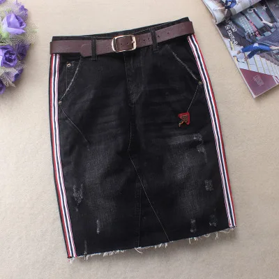 

Юбка-карандаш Женская джинсовая до колена, облегающая юбка с завышенной талией, в полоску сбоку, весна-лето, J3292