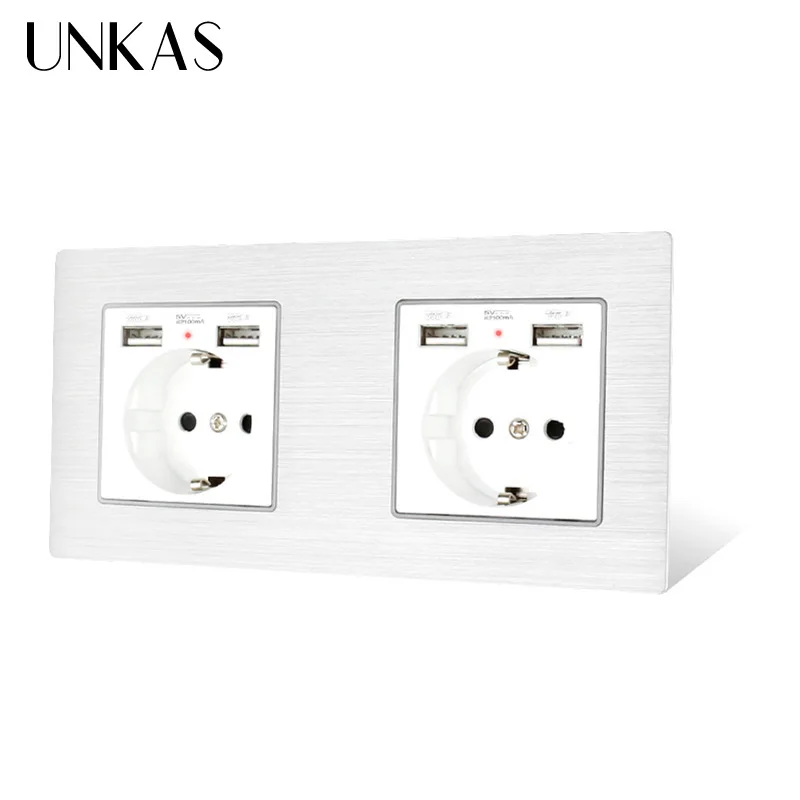 UNKAS 2 Gang Россия Испания настенная розетка стандарта ЕС с 4 USB портами для зарядки