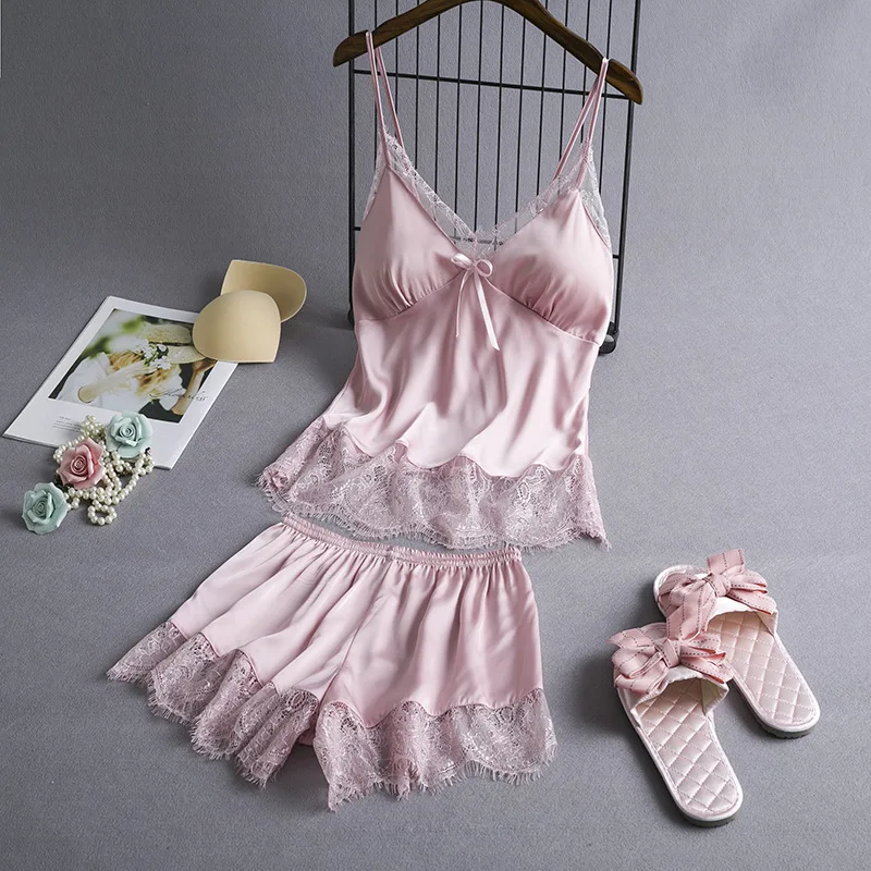 

2PC/set pyjamas women sexy lingerie pijama mujer femme pizama female sexy satin & lace sleepwear set Pajama Sets