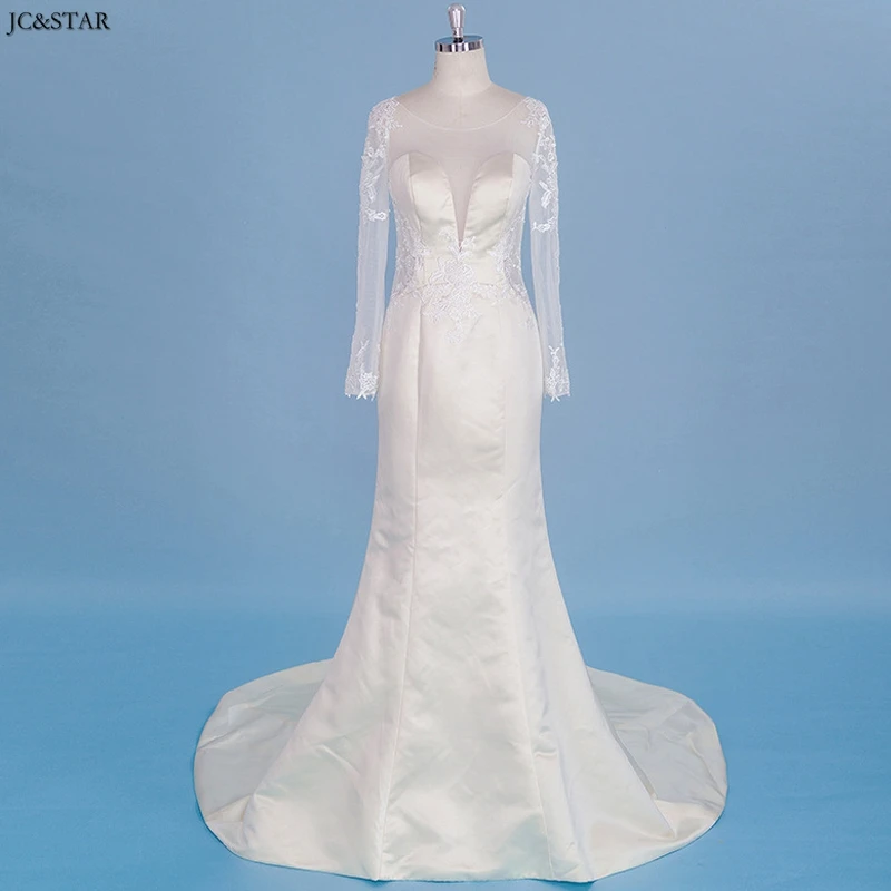 

Long sleeve mermaid wedding dresses new lace satin round neck ivory robe mariage trailing muslim bridal gown plus size bride
