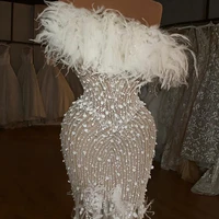 luxury feather strapless cocktail dresses sequins short prom dress women party robes de cocktail beading vestidos
