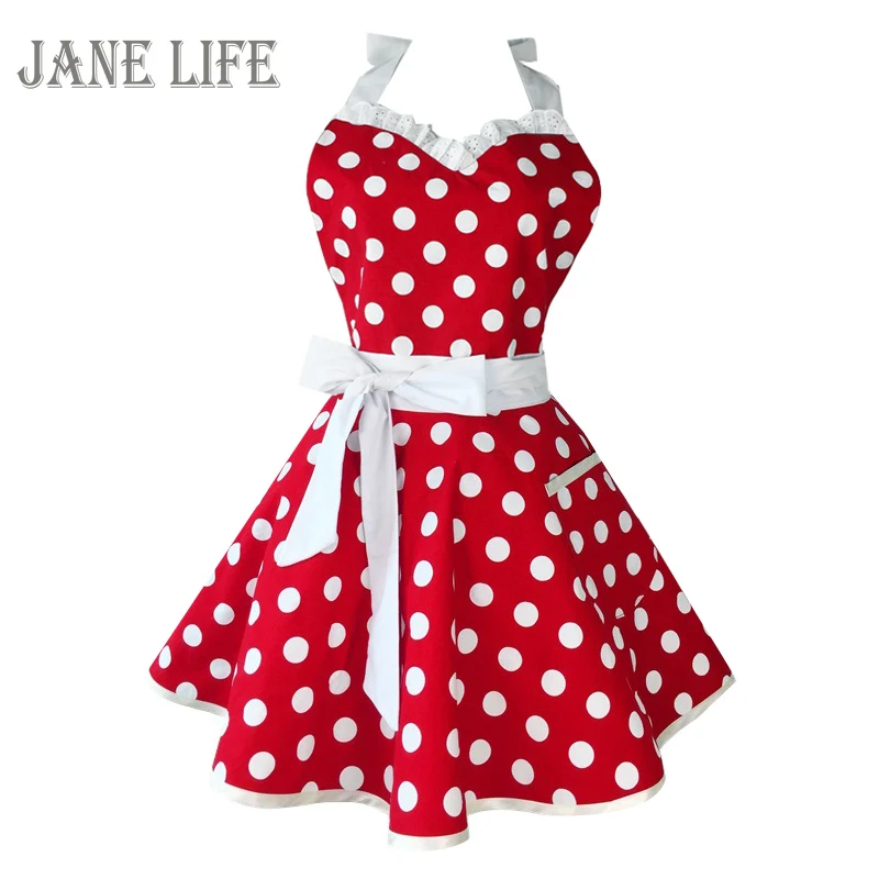 

Lovely Sweetheart Red Retro Kitchen Aprons Woman Girl Cotton Polka Dot Cooking Salon Vintage Apron Dress Christmas
