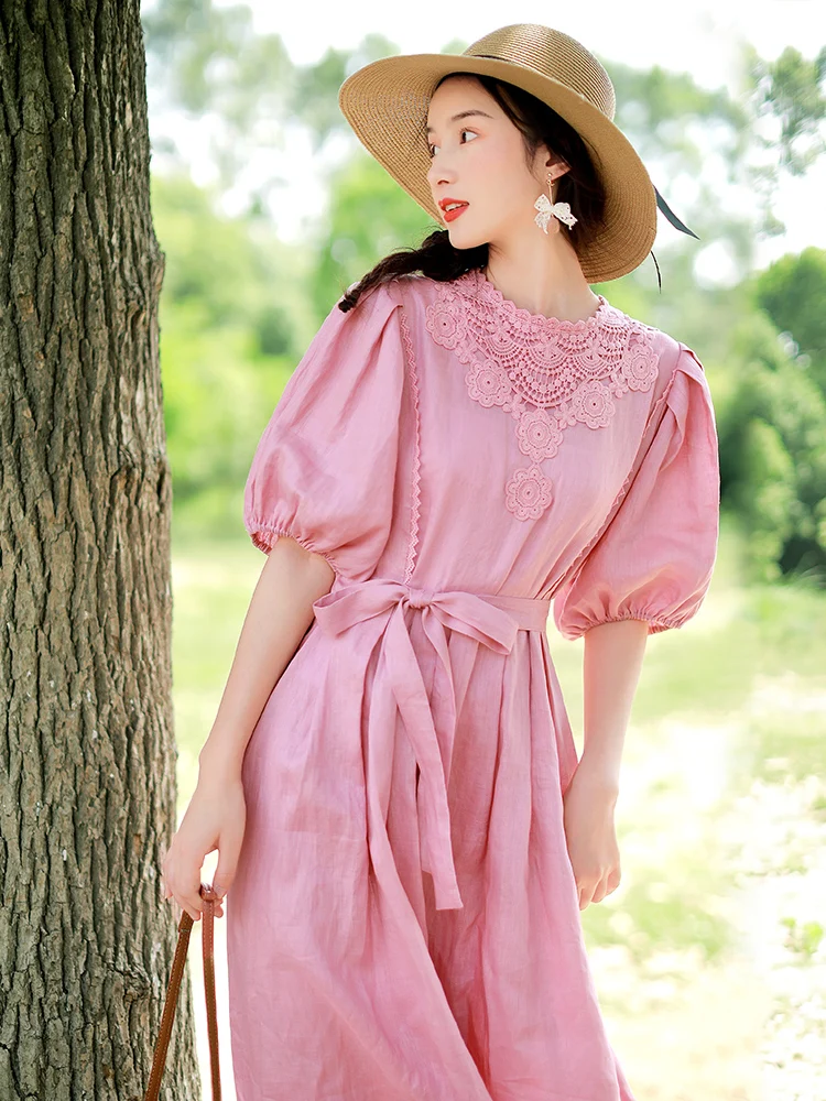 

TIYIHAILEY Free Shipping 2021 New Fashion Women Linen Long Mid-calf Summer Boshow Pink Puff Short Sleeve Dress With Belt