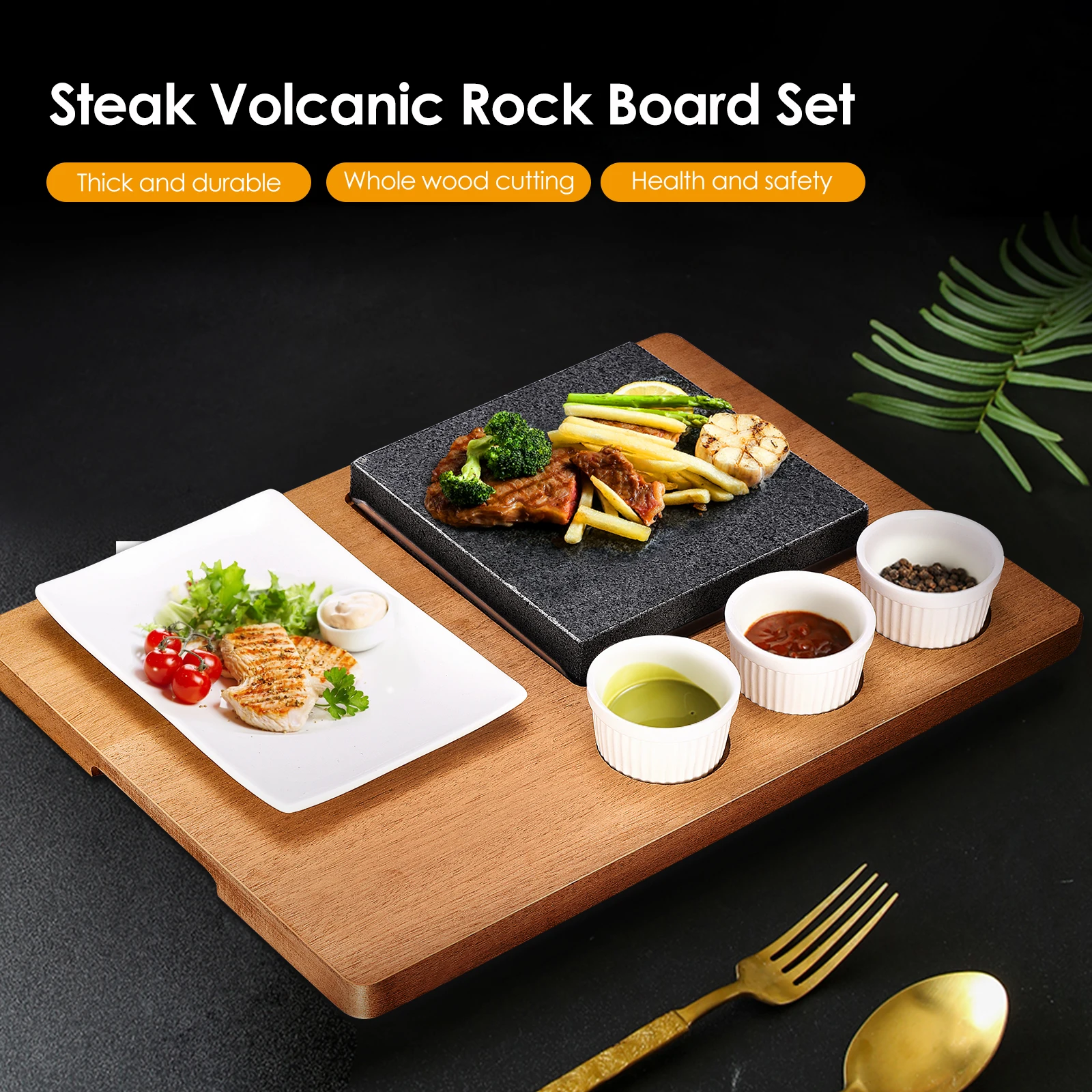 

Lava Stone Steak Board With Sapele Solid Wood Board Porcelain Plate With Sauce Cups Fat Oil-free Steak Meat Fish Grilling BBQ