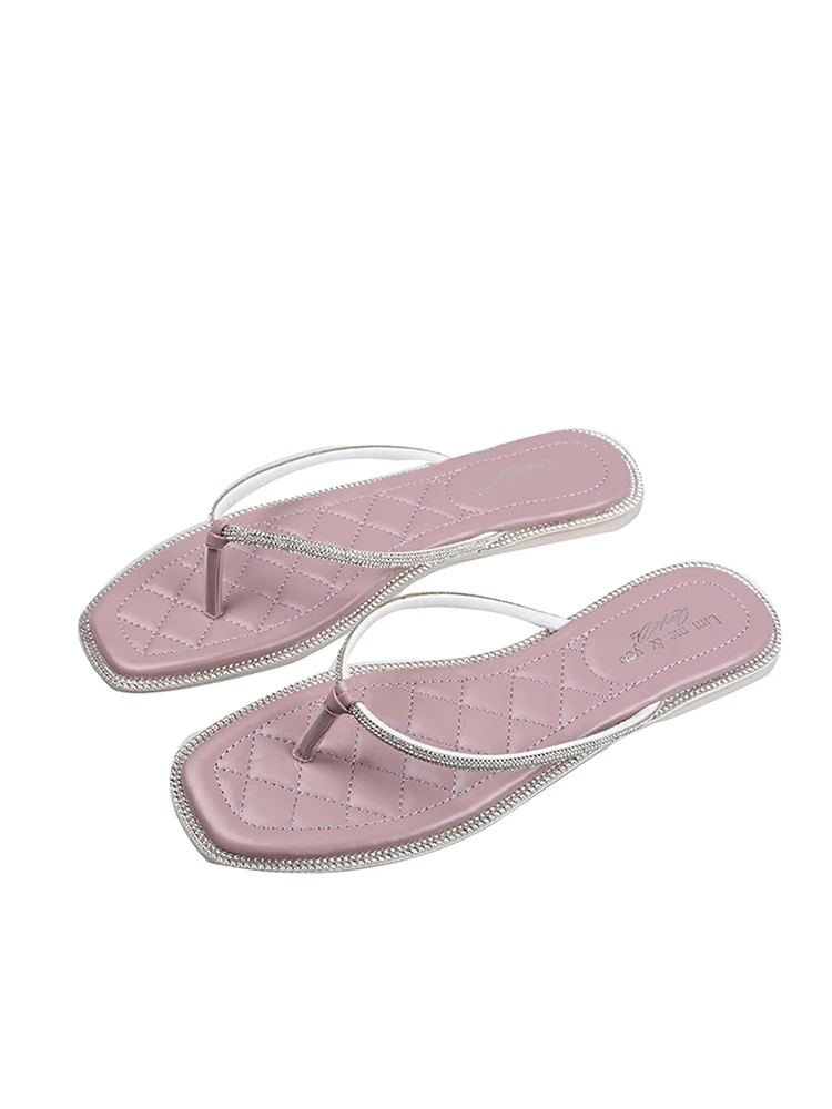 

Women's shoes slippers outdoor 2020 new summer fashion square head rhinestone clip toe flip-flops