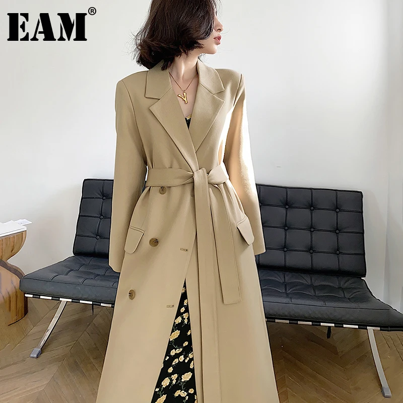 

[EAM] Women Khaki Double Breasted Trench New Lapel Long Sleeve Loose Fit Windbreaker Fashion Tide Spring Autumn 2022 1DD5910