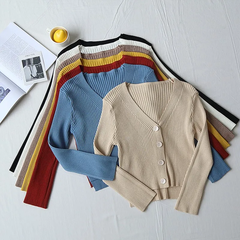 Однотонный тонкий прилегающий вязаный кардиган с v-образным вырезом Женские