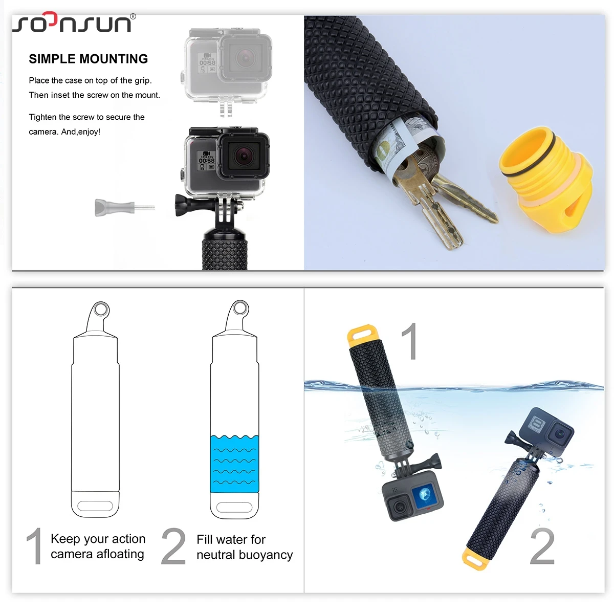 SOONSUN Водонепроницаемая плавающая рукоятка для GoPro Hero 10 9 8 7 6 5 4 3 2 DJI OSMO Action SJCAM Xiaomi Yi