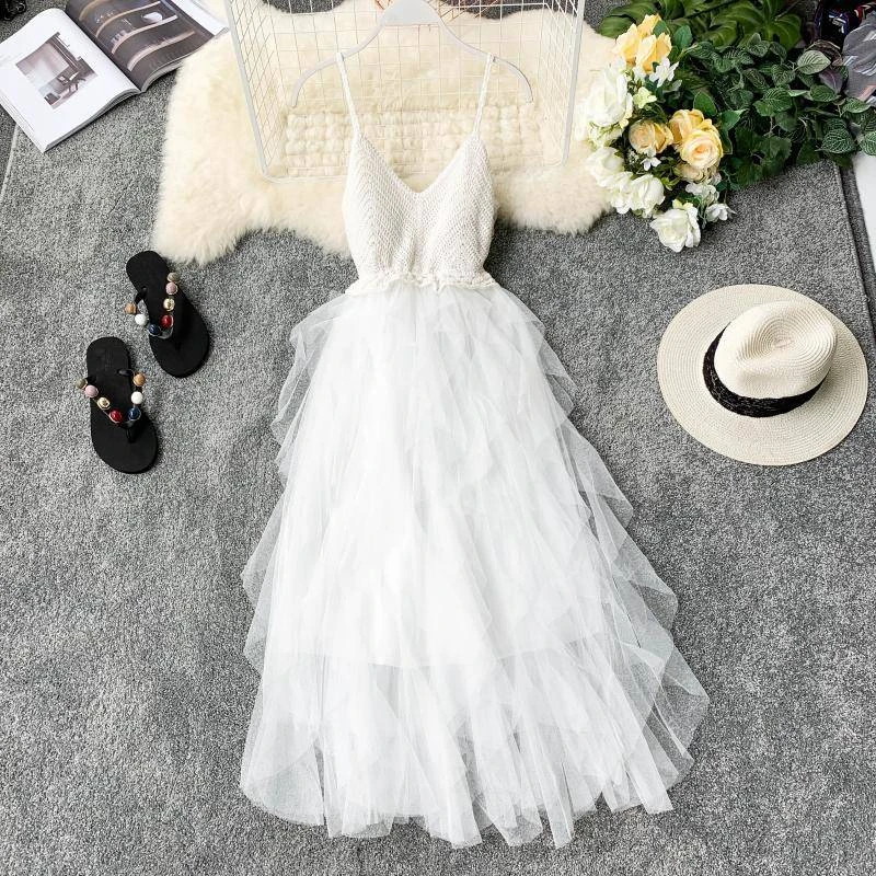 

Sexy Lace Party Dress Solid Ruffles Knitting Patchwork Women Spaghetti Strap Dress 2021 Mesh Backless V-neck Long Dress Vestidos