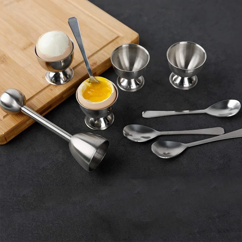 

Stainless Steel Egg Cracker Topper Set,Hard Boiled Eggs Separator Holder,4 Spoons,4 Cups,1 Shells Remover Top Cutter