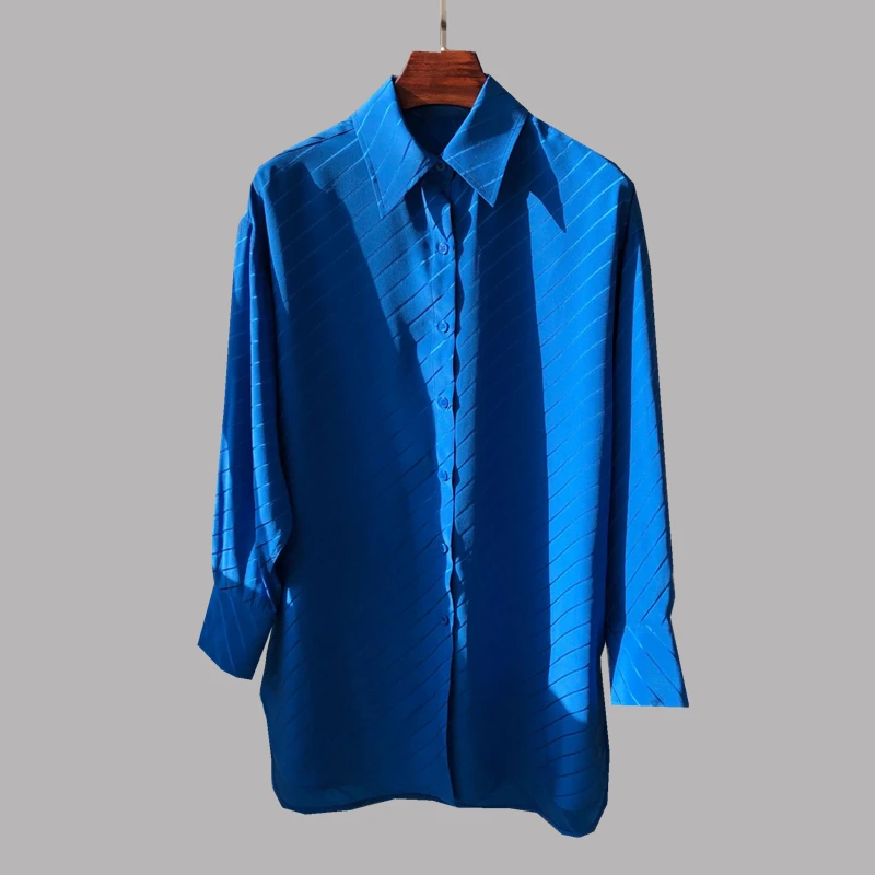 

100% Silk High Quality Women Fashion Spring Autumn Water Wave Twill Jacquard Crepe Satin Loose Silk Long-Sleeved Shirt Blouse