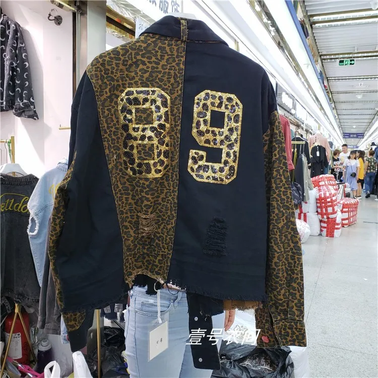 

European New Autumn Leopard Print Cowboy Coat Woman Personality Irregular Splice Denim Jacket Loose Jeans Coats