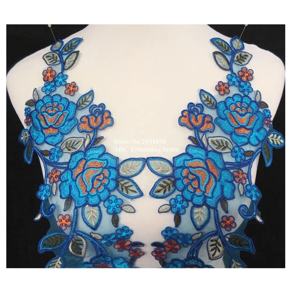 1 пара = 2 шт. x синий/оранжевый органза Цветочная вышивка Кружевная аппликация