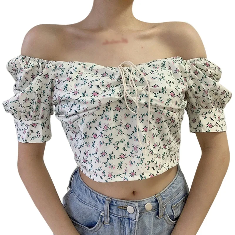 

Sweet Floral Print Shirt Women Sexy Square Collar Short Puff Sleeve Vintage Summer Shirts'