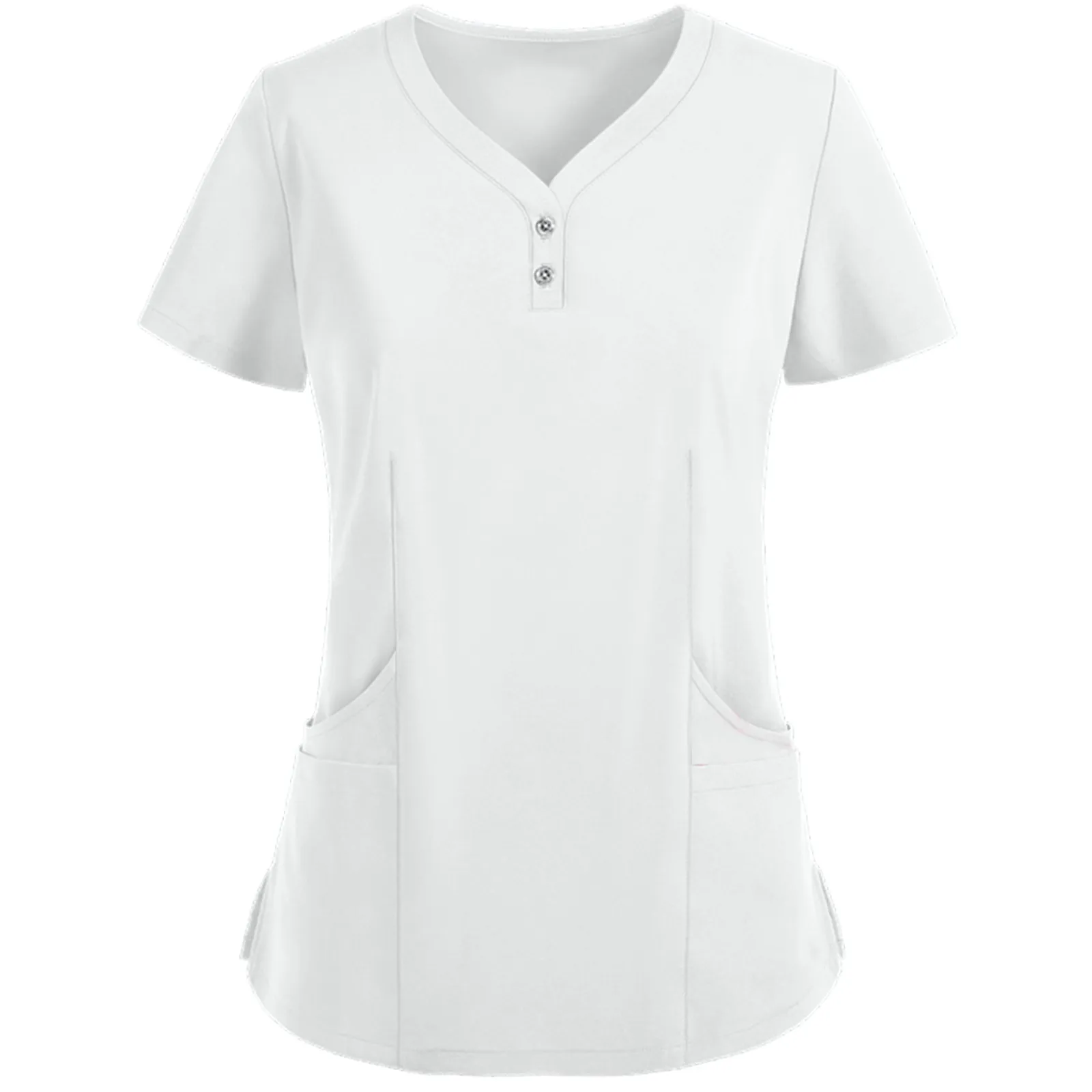 

2021 Women Short Sleeve Solid Scrub Tops Nurse Uniform Blouse Shirt V-neck Button Pocket Nursing Working Uniform T-shirts Tops