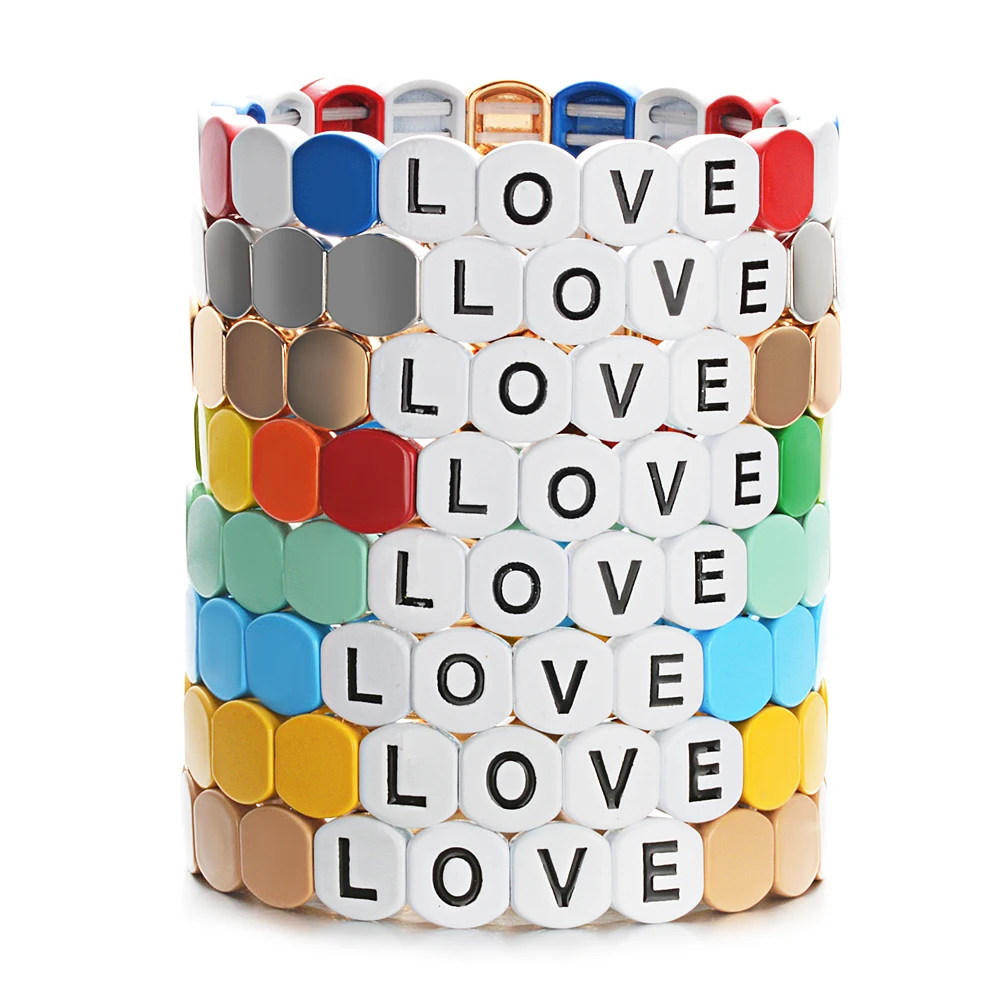 Романтическое письмо любовь ромб плитка браслет на эластичной веревке эмаль